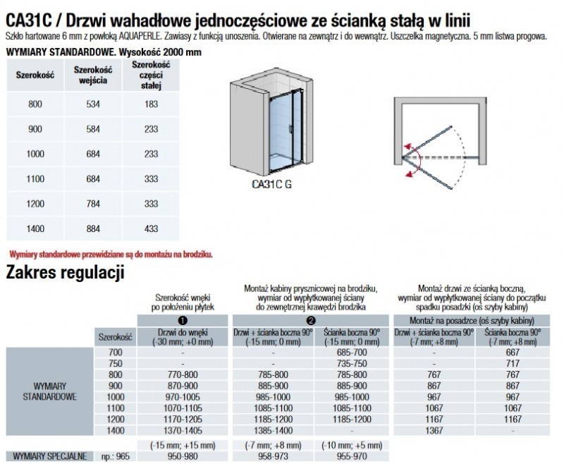 Sanswiss Cadura drzwi wahadłowe jednoczęściowe lewe 120 cm ze ścianką stałą do wnęki lub ścianki srebrny połysk przeźroczyste CA31CG1205007