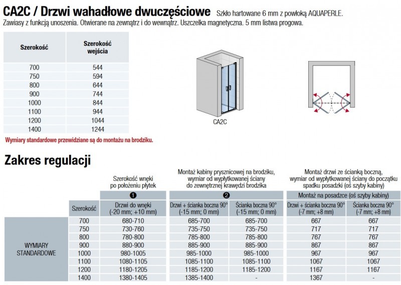 Sanswiss Cadura drzwi otwierane dwuczęściowe 80 cm do wnęki lub ścianki srebrny połysk przeźroczyste CA2C0805007