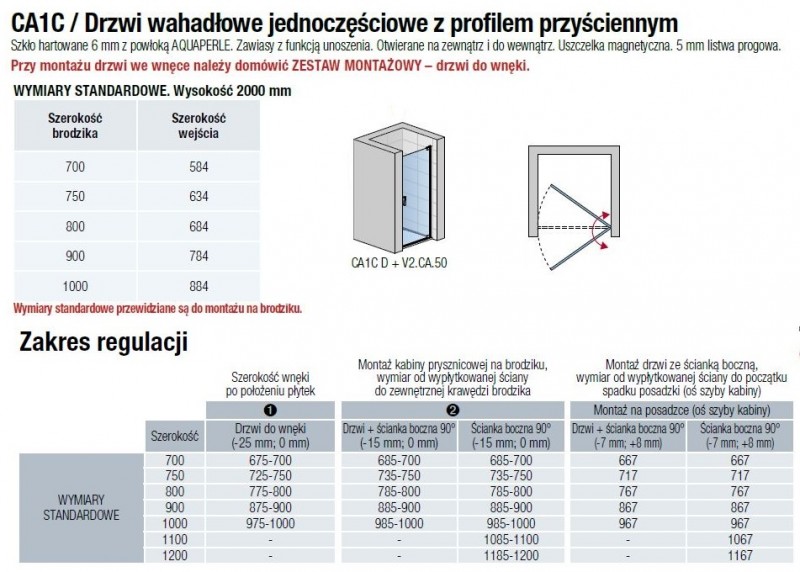 Sanswiss Cadura drzwi wahadłowe jednoczęściowe lewe 70 cm do wnęki lub ścianki srebrny połysk przeźroczyste CA1CG0705007