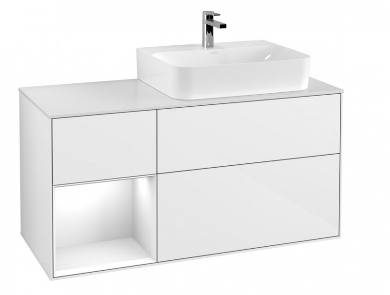 Villeroy&Boch Finion szafka pod umywalkę 120 cm z 3 szufladami ,otwartą półką i oświetleniem LED Glossy White Lacquer biały G141GFGF