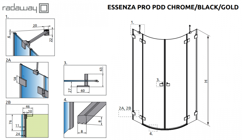 Radaway Essenza Pro Gold PDD kabina półokrągła asymetryczna 90Lx100R drzwi otwierane złoty przeźroczyste Easy Clean 10095090-09-01L + 10095100-09-01R