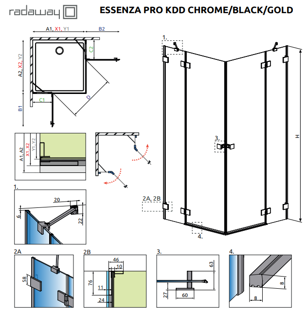 Radaway Essenza Pro Black KDD kabina prostokątna 100Lx90P drzwi otwierane czarny przeźroczyste Easy Clean 10096100-54-01L + 10096090-54-01R