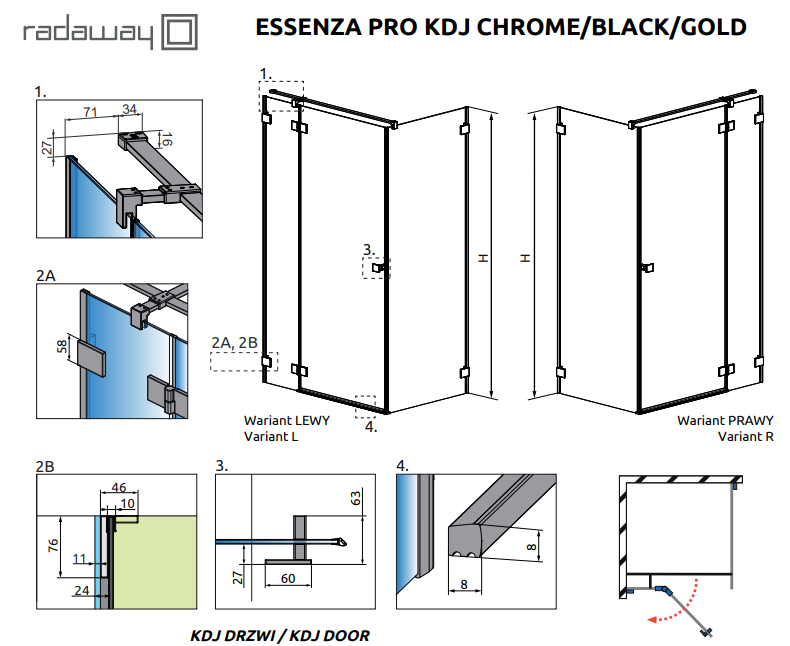 Radaway Essenza Pro Black KDJ kabina kwadratowa 120x120 drzwi otwierane lewe 120 i ścianka 120 czarny przeźroczyste Easy Clean 10097120-54-01L + 10098120-01-01