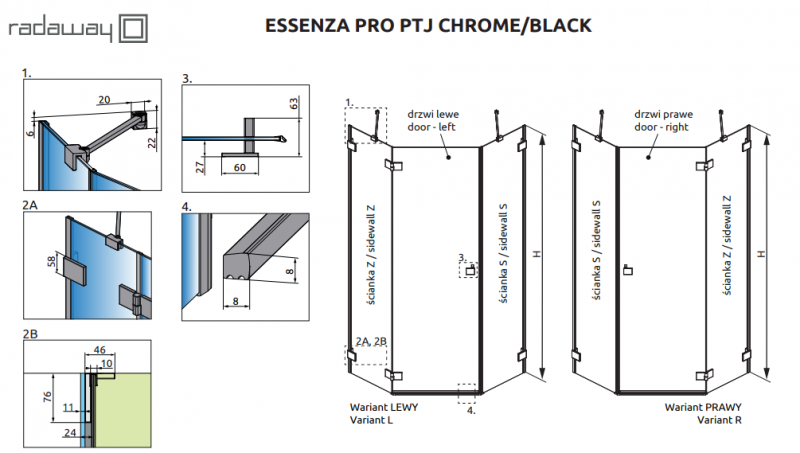 Radaway Essenza Pro Black PTJ kabina pięciokątna 90x90 pentagonalna lewa czarny przeźroczyste Easy Clean 10100000-54-01L + 10100200-01-01