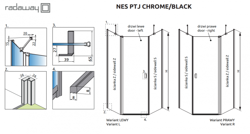 Radaway Nes PTJ kabina pięciokątna asymetryczna 80x100 drzwi wahadłowe LEWE chrom przeźroczyste Easy Clean 10052000-01-01L + 10052400-01-01