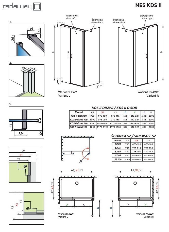 Radaway Nes Black KDS II kabina kwadratowa 100x100 drzwi wahadłowe PRAWE 100 i ścianka 100 czarny przeźroczyste Easy Clean 10033100-54-01R + 10040100-54-01