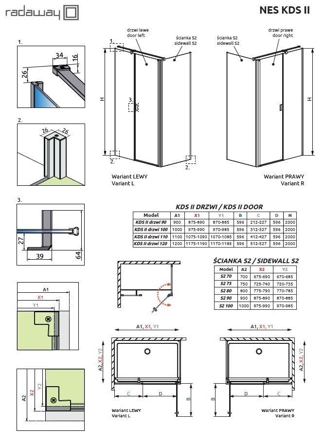 Radaway Nes Black KDS II kabina prostkątna 100x90 drzwi wahadłowe LEWE 90 i ścianka 100 czarny przeźroczyste Easy Clean 10033090-54-01L + 10040100-54-01