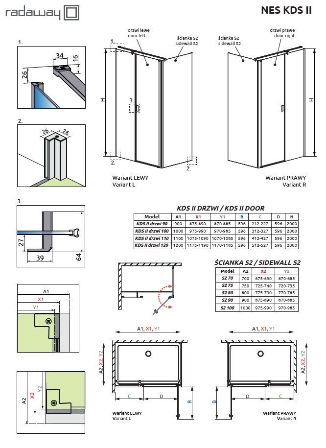 Radaway Nes Black KDS II kabina kwadratowa 90x90 drzwi wahadłowe LEWE 90 i ścianka 90 czarny przeźroczyste Easy Clean 10033090-54-01L + 10040090-54-01