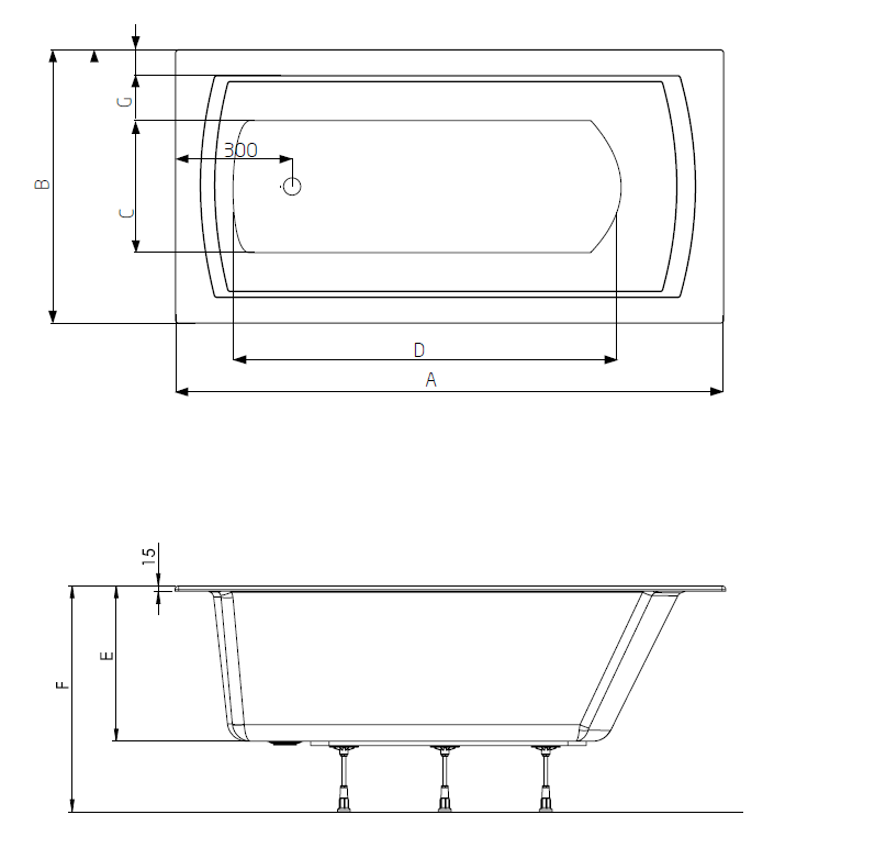 Roca Linea XL Slim wanna prostokątna 170x75 z nogami A248546000