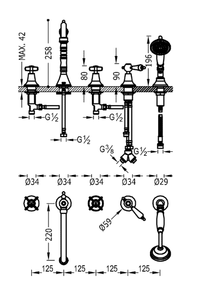 Tres Clasic bateria wannowa czterootworowa stary mosiądz matowy 242.146.01.LM