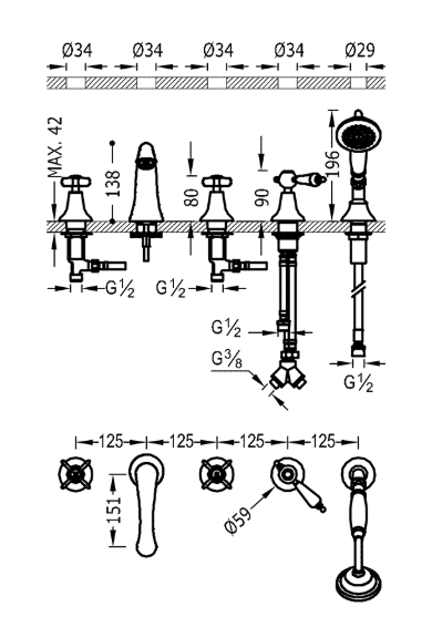 Tres Clasic bateria wannowa czterootworowa stary mosiądz matowy 242.146.02.LM