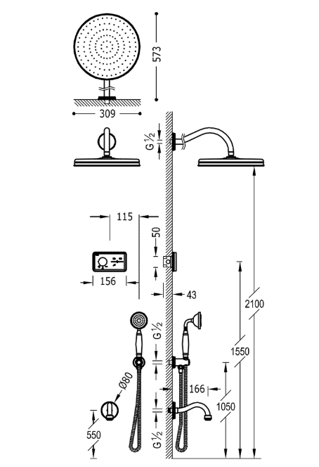 Tres Clasic SHOWER TECHNOLOGY zestaw prysznicowy termostatyczny z baterią podtynkową z deszczownicą stal 092.263.01.AC