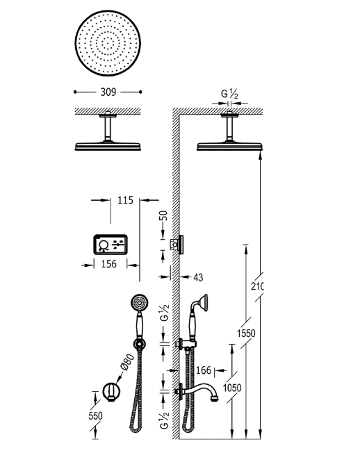 Tres Clasic SHOWER TECHNOLOGY zestaw prysznicowy termostatyczny z baterią podtynkową z deszczownicą stal 092.263.02.AC