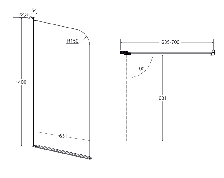 BESCO Prime 1 parawan nawannowy 1-skrzydłowy ruchomy 70 cm chrom PNP-1S