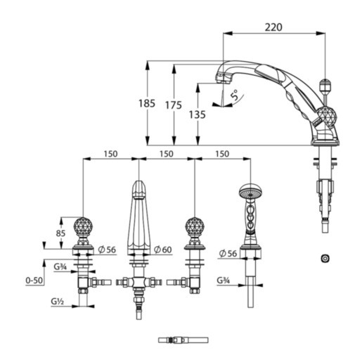 Kludi Adlon dwuuchwytowa bateria wannowa czterootworowa chrom 51 524 05 G5