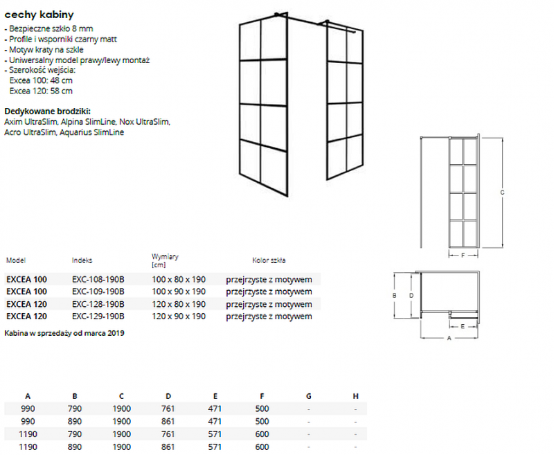 BESCO Excea kabina prysznicowa walk-in 120x80x190 cm przeźroczyste krata czarny matowy EXC-128-190B