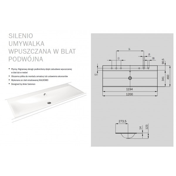 Kaldewei Silenio umywalka wpuszczana w blat z otworami 2x3 z przelewem 120x46 cm 3039-D 907906053001