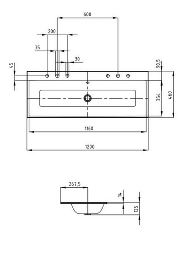 Kaldewei Puro umywalka wpuszczana w blat 120x46 cm z otworami pod baterię, z przelewem 3169 907106033001