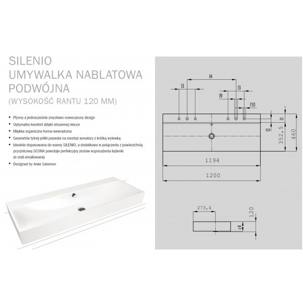 Kaldewei Silenio umywalka nablatowa podwójna z otworami 2x3 z przelewem 120x46 cm wys. rantu 120 mm 3049-D 906406053001