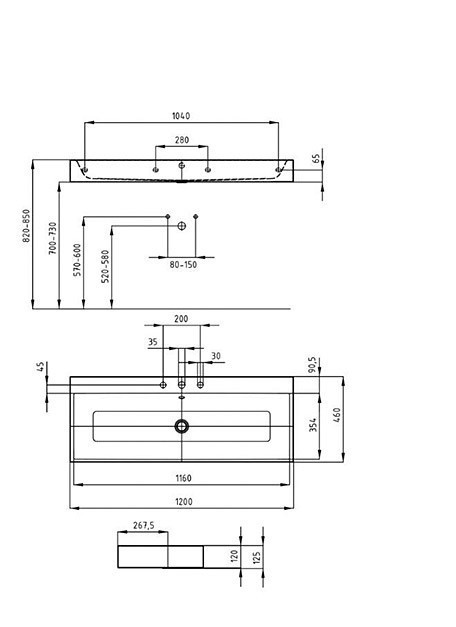 Kaldewei Puro umywalka ścienna podwójna z otworami 2x3 z przelewem 120x46 cm 3167-D 906806053001