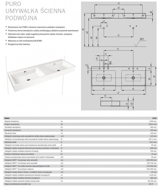 Kaldewei Puro umywalka ścienna podwójna bez otworów z przelewem 130x46 cm 3170 906706003001