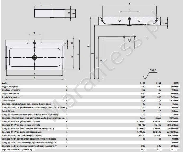 Kaldewei Puro umywalka ścienna bez otworu z przelewem 90x46 cm 3164 3165 901506003001