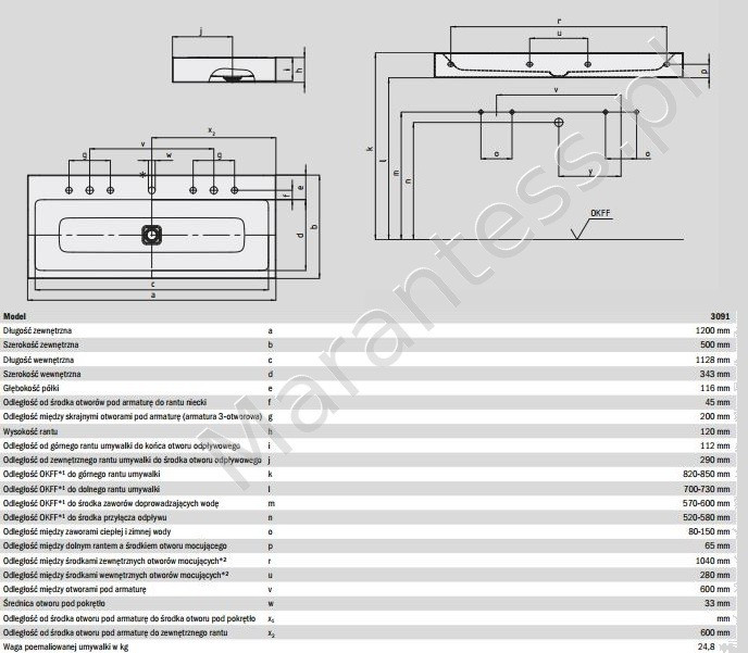 Kaldewei Cono umywalka ścienna podwójna z otworami bez przelewu 120x50 cm 3091-D 902706053001