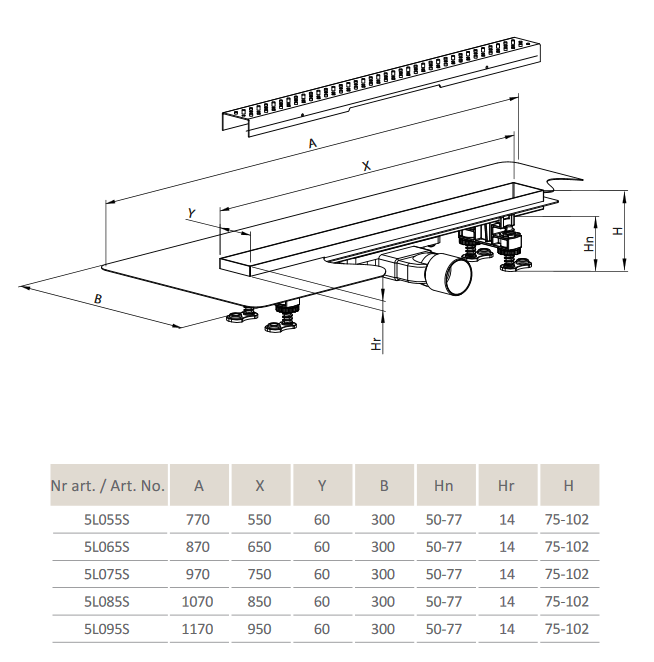 Radaway odpływ liniowy Slim do zabudowy płytkami ruszt basic 95 cm 5L095S 5R095SB