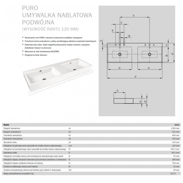 Kaldewei Puro umywalka nablatowa podwójna bez otworów z przelewem 130x46 cm wys. rantu 120 mm 3171 907206003001