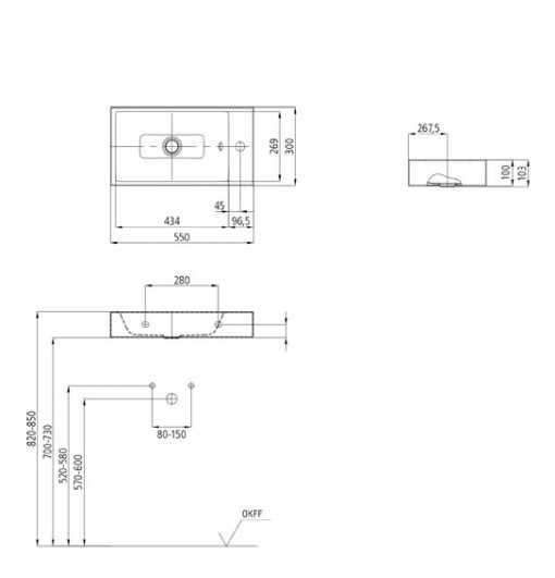 Kaldewei Puro umywalka wisząca z otworem , bez przelewu 55x30 cm prawa 3162 901206303001