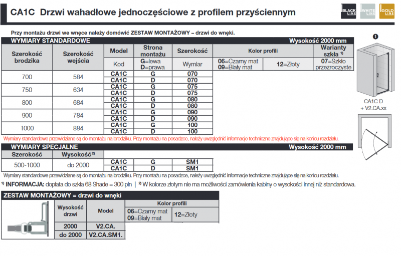 Sanswiss Cadura Black Line CA1C drzwi wahadłowe jednoczęściowe prawe 70 cm do wnęki lub ścianki czarny mat przeźroczyste CA1CD0700607