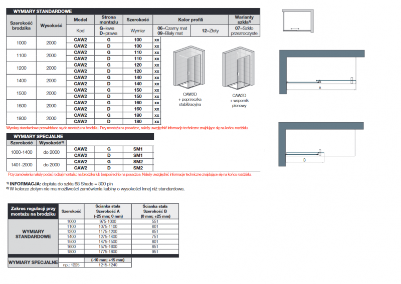 Sanswiss Cadura Gold Line CAW2 drzwi suwane Walk-In 160 cm lewe złoty przeźroczyste Aquaperle CAW2G1601207