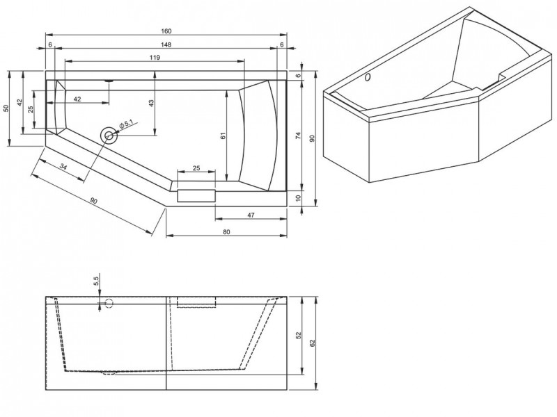 Riho Geta Plug&Play wanna asymetryczna lewa 160x90 ze zintegrowaną obudową biały BD47005