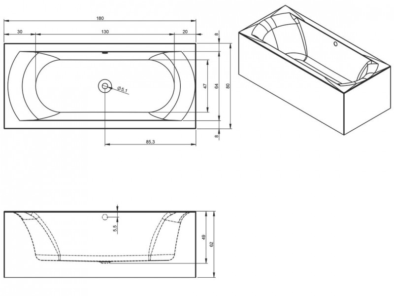 Riho Linares Plug&Play wanna prostokątna prawa 180x80 ze zintegrowaną obudową biały BD55005