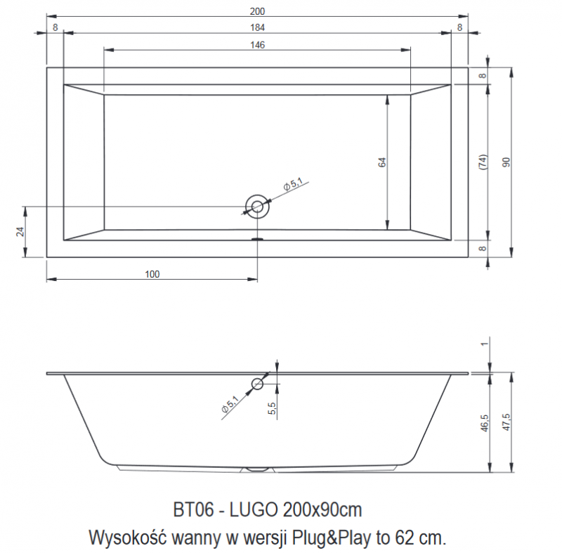 Riho Lugo Plug&Play wanna prostokątna prawa 200x90 ze zintegrowaną obudową biały BD71005