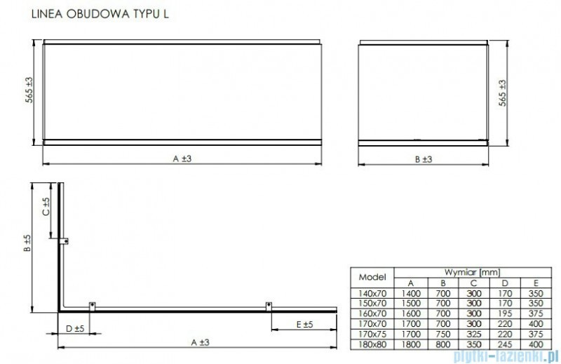 Roca Linea obudowa typu L do wanny prawej 180x80 akryl A25T024000