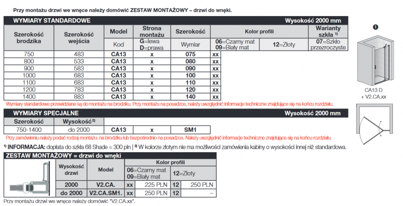 Sanswiss Cadura Black Line CA13 drzwi wahadłowe jednoczęściowe z elementem stałym lewe 80 cm do wnęki lub ścianki czarny mat przeźroczyste CA13G0800607