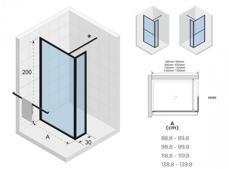 Riho Lucid GD402 kabina typu Walk-In z ścianką boczną 140 cm L/P profil czarny przeźroczyste GD414B030