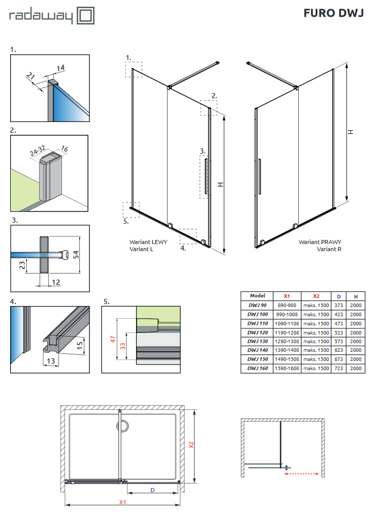 Radaway Furo DWJ drzwi do wnęki przesuwne 160 cm prawe chrom przeźroczyste Easy Clean 10107822-01-01R + 10110780-01-01