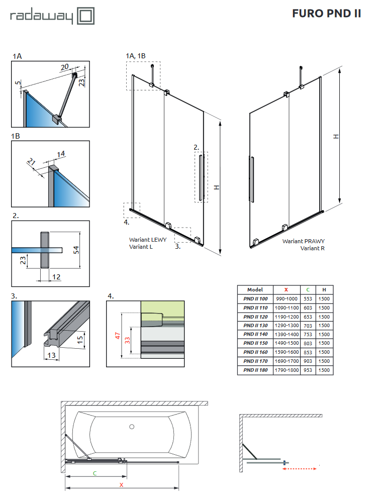 Radaway Furo PND II parawan wannowy przesuwny 170 cm prawy chrom przeźroczyste Easy Clean 10109888-01-01R + 10112844-01-01