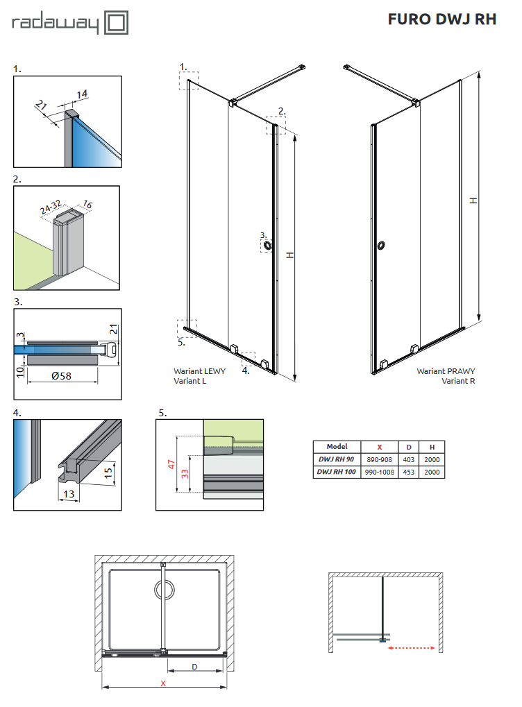 Radaway Furo DWJ RH drzwi do wnęki przesuwne 100 cm lewe chrom przeźroczyste Easy Clean 10107492-01-01LU + 10110510-01-01