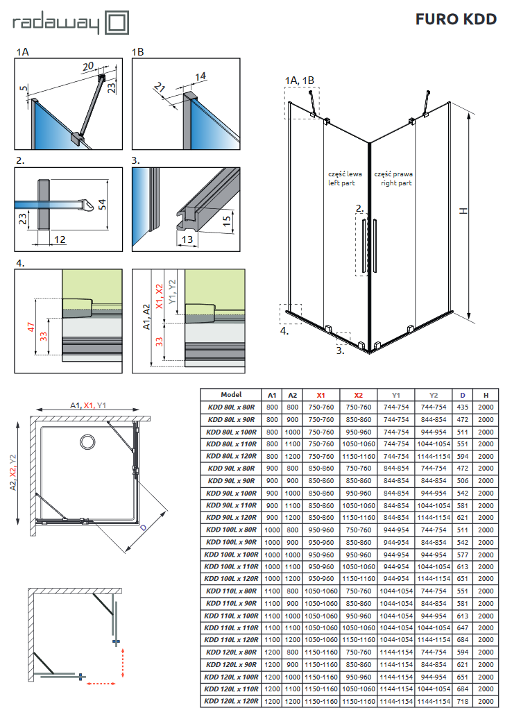 Radaway Furo Black KDD kabina prostokątna 120Lx100R drzwi przesuwne czarny przeźroczyste Easy Clean 10105120-54-01L + 10105100-54-01R