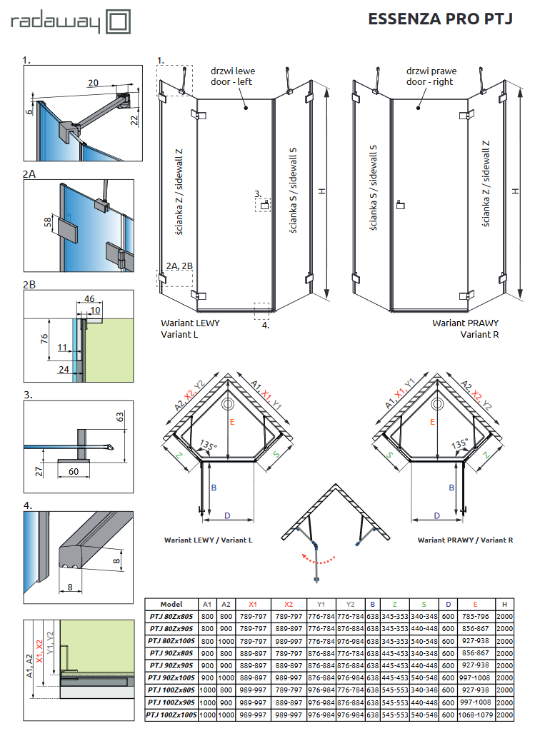 Radaway Essenza Pro Gold PTJ kabina pięciokątna 80x90 pentagonalna PRAWA drzwi otwierane złoty przeźroczyste Easy Clean 10100000-09-01R + 10100400-01-01