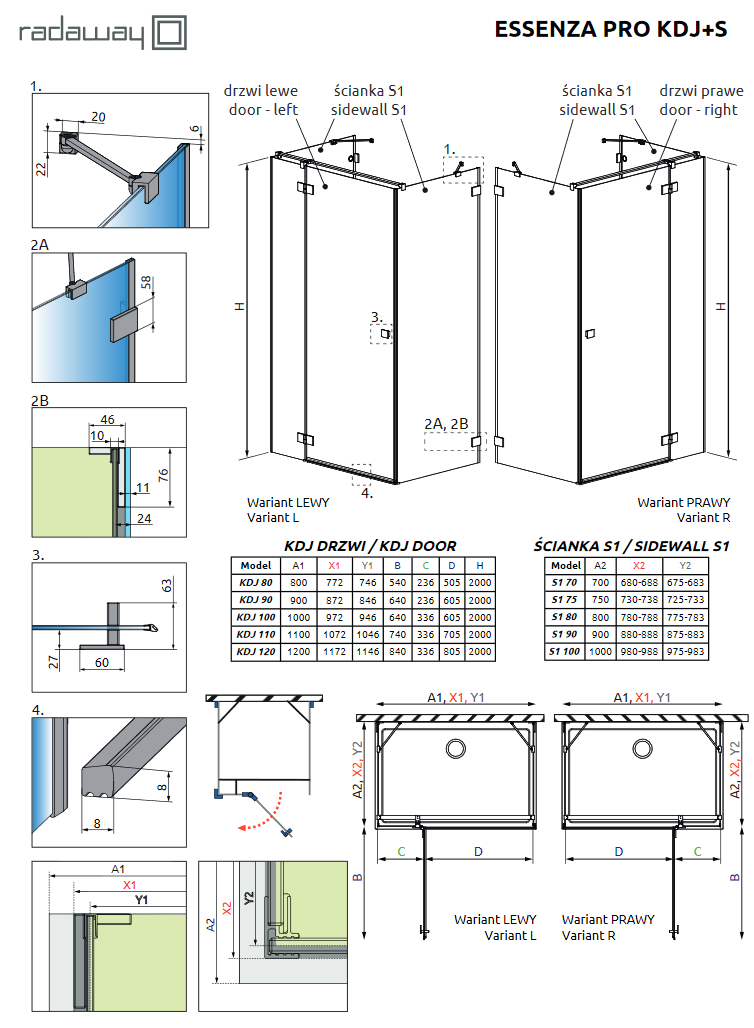 Radaway Essenza Pro Gold KDJ+S kabina trójścienna prostokątna 100x80x100 drzwi otwierane PRAWE 80 złoty przeźroczyste Easy Clean