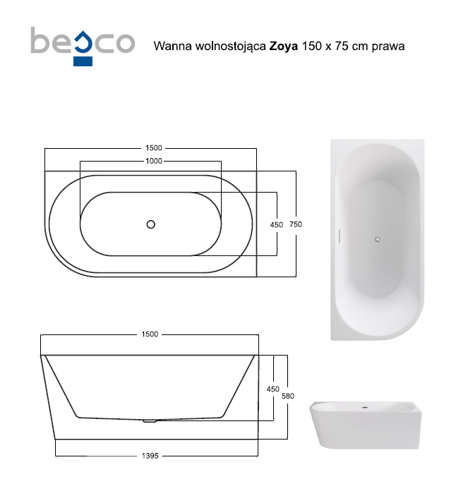 Besco Zoya wanna wolnostojąca przyścienna prawa 150x75 cm akryl biały ZOYA-150-P