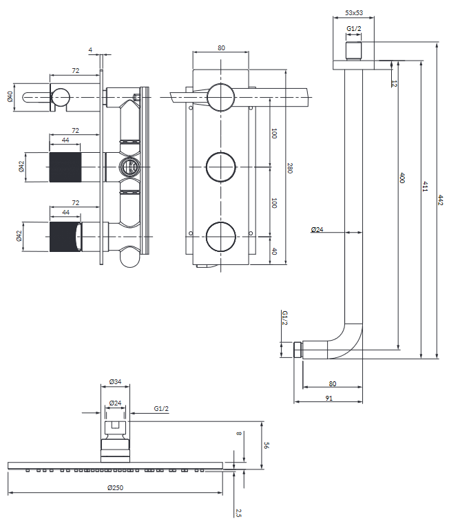 Omnires Contour kompletny system prysznicowy podtynkowy złoty szczotkowany SYSCT10GLB