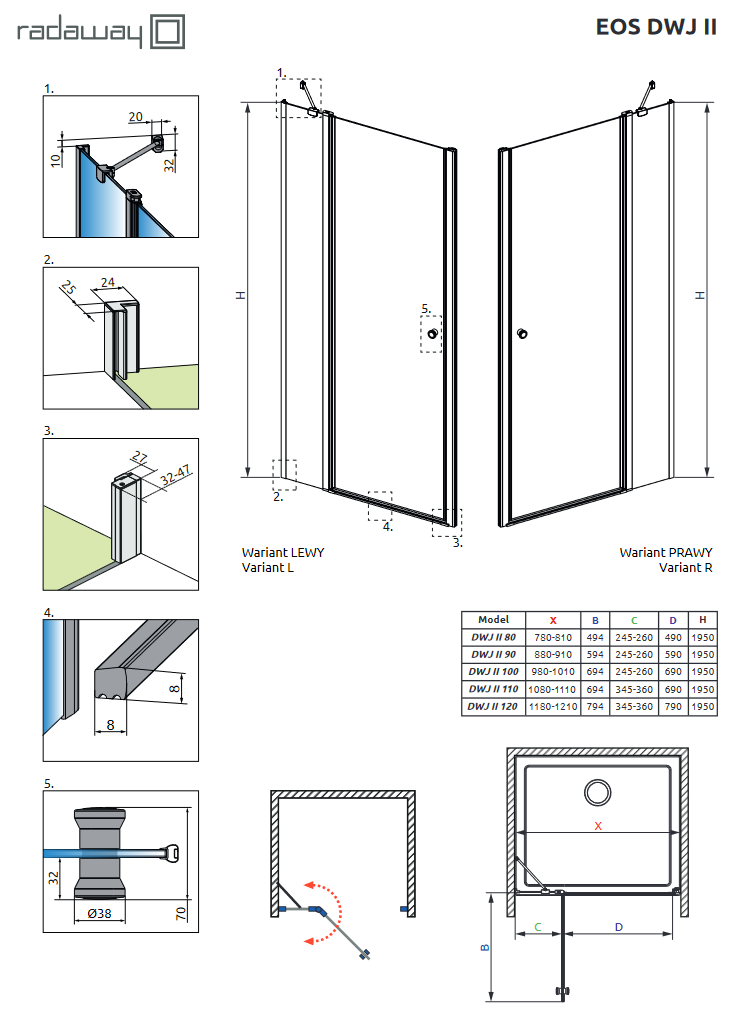 Radaway Eos DWJ II drzwi do wnęki wahadłowe 120 cm prawe chrom przeźroczyste Easy Clean 13799444-01R