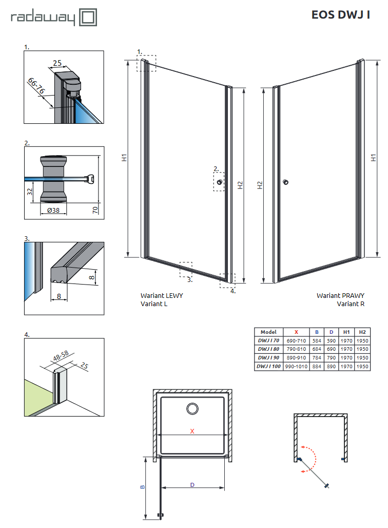 Radaway Eos DWJ I drzwi do wnęki wahadłowe 70 cm lewe chrom przeźroczyste Easy Clean 137983-01-01L