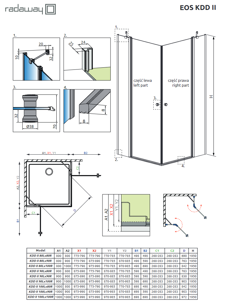 Radaway Eos KDD II kabina prostokątna 80Lx100P drzwi wahadłowe chrom przeźroczyste Easy Clean 13799460-01L + 13799462-01R