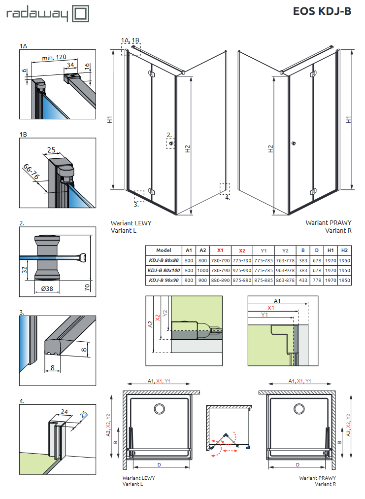 Radaway Eos KDJ-B I kabina kwadratowa 90x90 drzwi składane prawe 90 i ścianka 90 chrom przeźroczyste Easy Clean 137403-01-01R